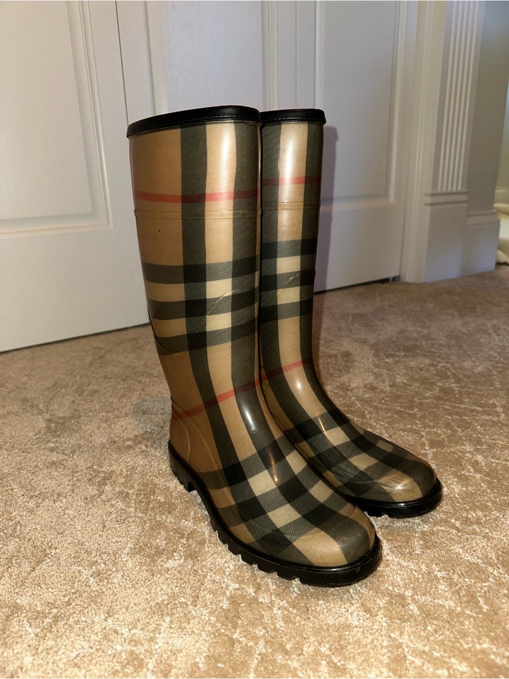 Burberry Women’s Classic Check Tall Rain Boots in Beige/Black